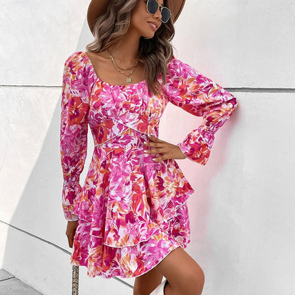 New Fashion European and American Womens Square Neck Printed Ruffle Sleeve Slim Fit Dress - Free Shipping - aurelia-clothing-8955
