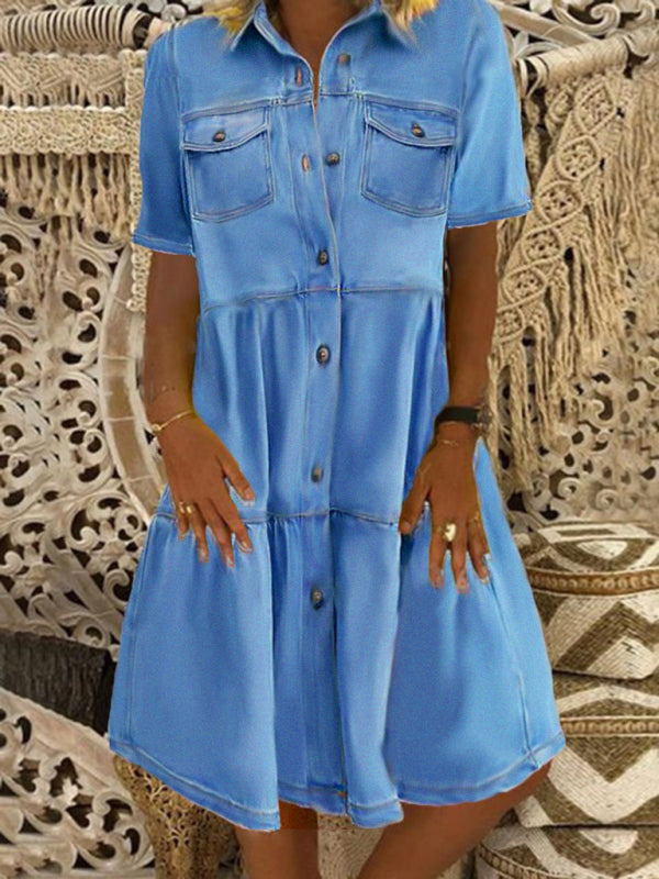 New Ladies Lapel Short Sleeve Button Mid Length Dress - Free Shipping - aurelia-clothing-8955