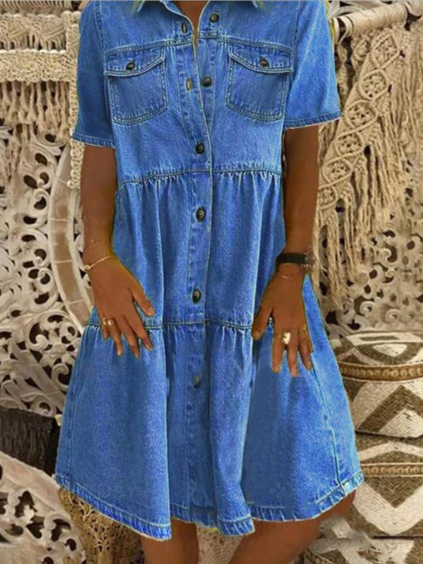 New Ladies Lapel Short Sleeve Button Mid Length Dress - Free Shipping - aurelia-clothing-8955