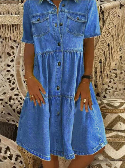 New Ladies Lapel Short Sleeve Button Mid Length Dress - Free Shipping - aurelia-clothing-8955