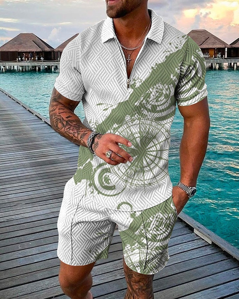 New Mens Fashion Casual Suit 3D Print Zip Short Sleeve Polo Shirt Shorts 2 Piece Set - Free Shipping - aurelia-clothing-8955