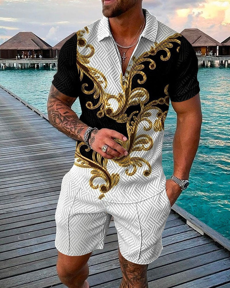 New Mens Fashion Casual Suit 3D Print Zip Short Sleeve Polo Shirt Shorts 2 Piece Set - Free Shipping - aurelia-clothing-8955