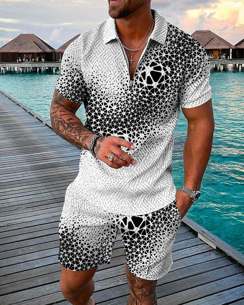 New Mens Fashion Casual Suit 3D Print Zip Short Sleeve Polo Shirt Shorts 2 Piece Set - Free Shipping - aurelia-clothing-8955