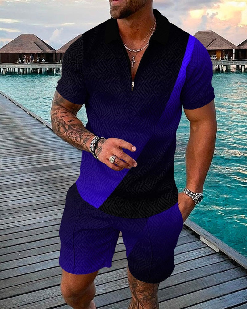New Mens Fashion Casual Suit 3D Print Zip Short Sleeve Polo Shirt Shorts 2 Piece Set - Free Shipping - aurelia-clothing-8955