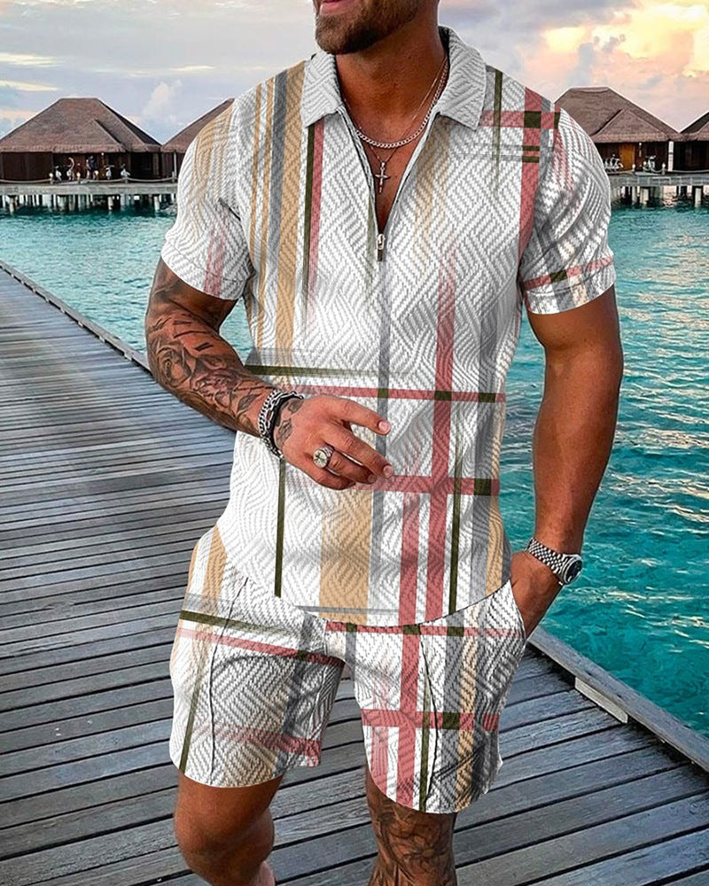 New Mens Fashion Casual Suit 3D Print Zip Short Sleeve Polo Shirt Shorts 2 Piece Set - Free Shipping - aurelia-clothing-8955
