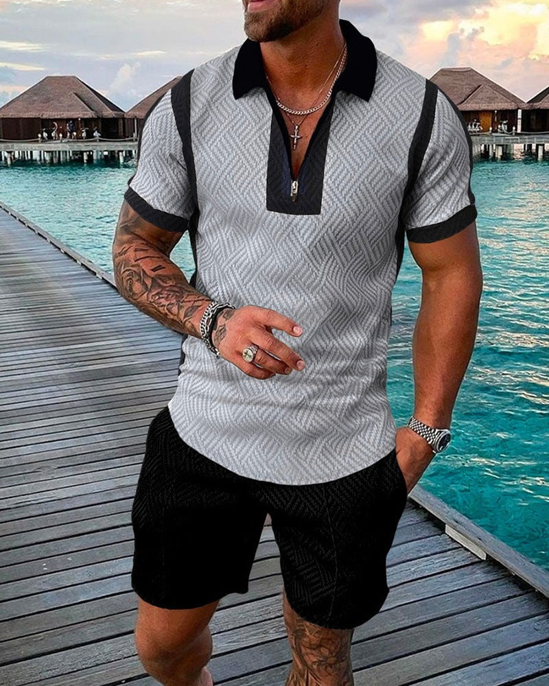 New Mens Fashion Casual Suit 3D Print Zip Short Sleeve Polo Shirt Shorts 2 Piece Set - Free Shipping - aurelia-clothing-8955