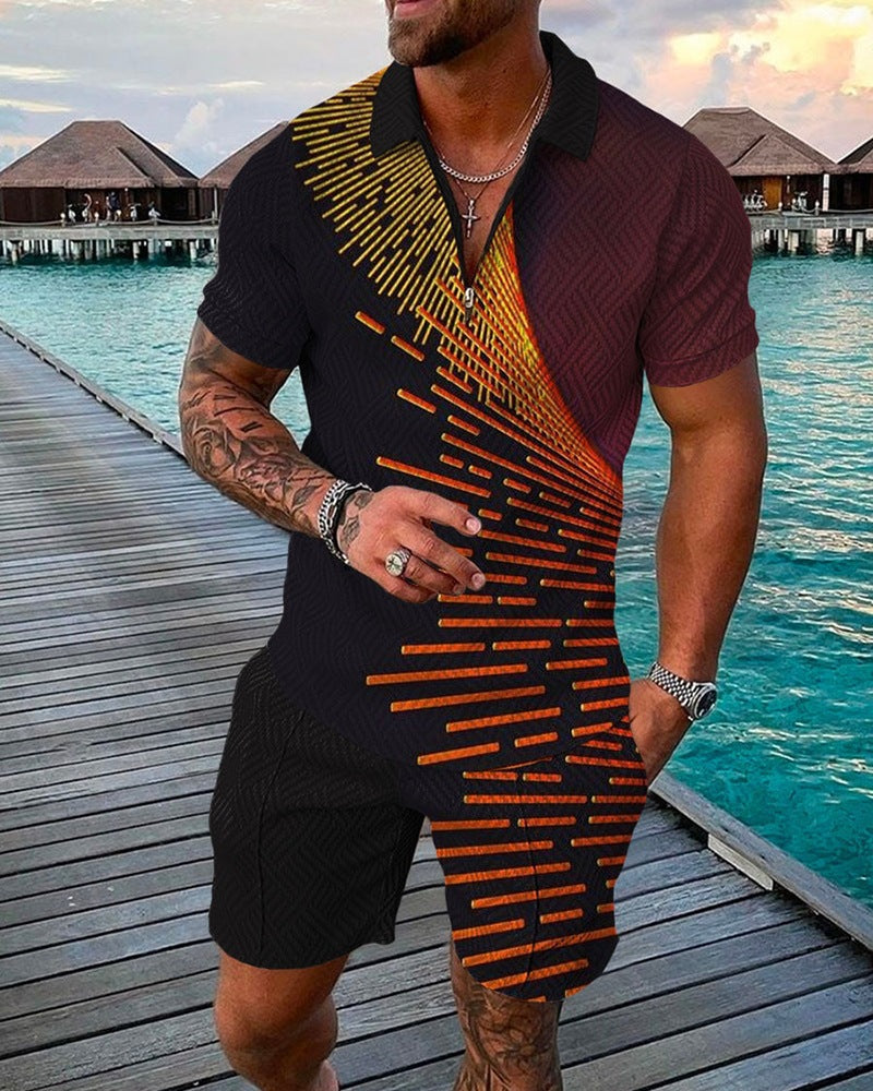 New Mens Fashion Casual Suit 3D Print Zip Short Sleeve Polo Shirt Shorts 2 Piece Set - Free Shipping - aurelia-clothing-8955