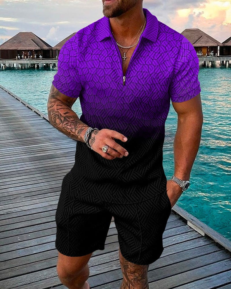 New Mens Fashion Casual Suit 3D Print Zip Short Sleeve Polo Shirt Shorts 2 Piece Set - Free Shipping - aurelia-clothing-8955