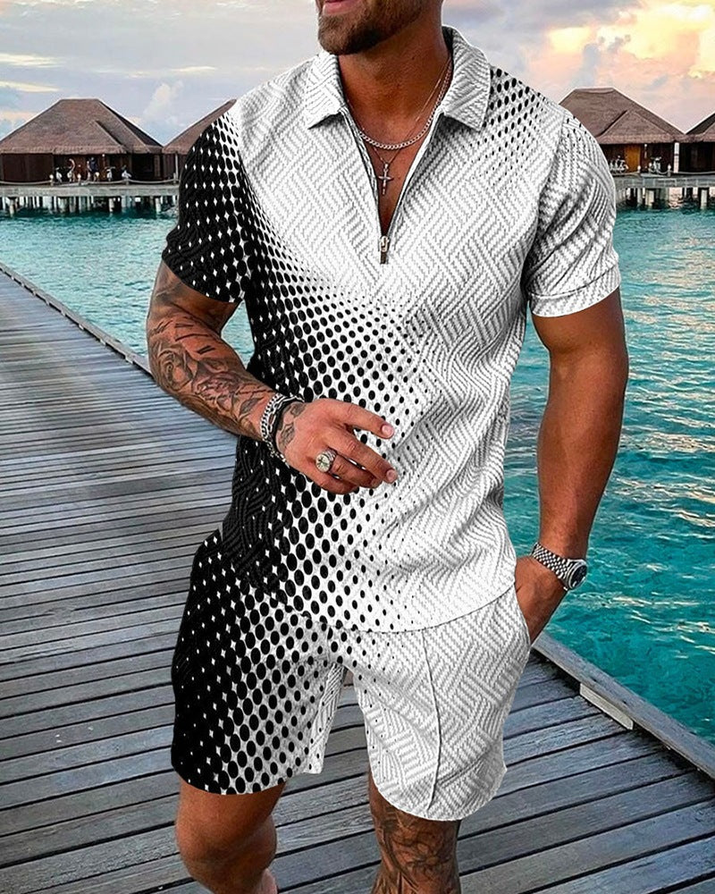 New Mens Fashion Casual Suit 3D Print Zip Short Sleeve Polo Shirt Shorts 2 Piece Set - Free Shipping - aurelia-clothing-8955