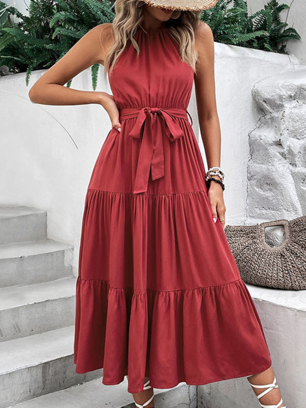 New fashionable womens halterneck solid color mid-length dress - Free Shipping - aurelia-clothing-8955