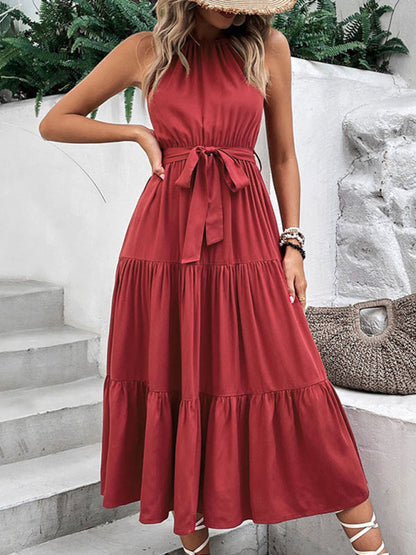 New fashionable womens halterneck solid color mid-length dress - Free Shipping - aurelia-clothing-8955