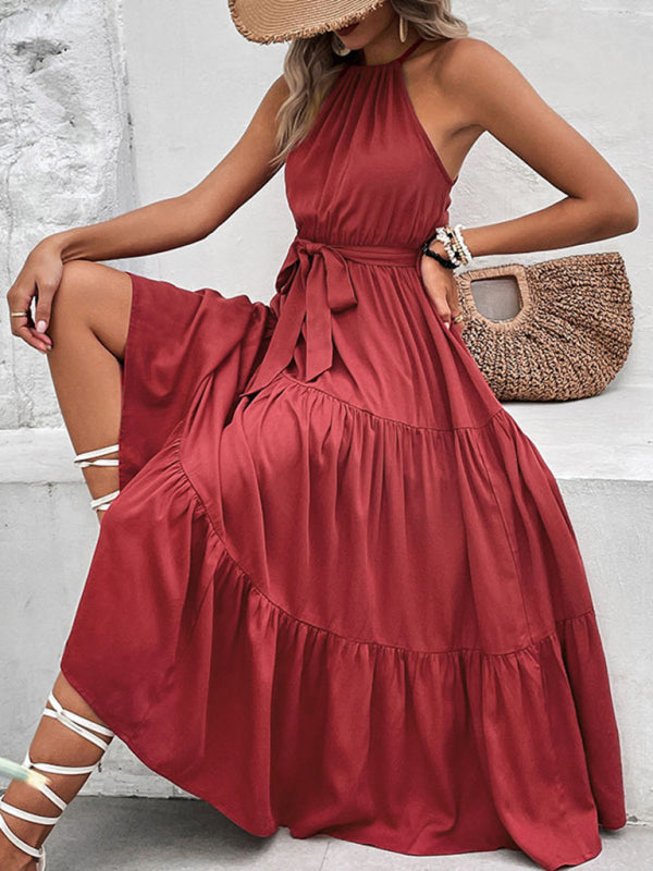 New fashionable womens halterneck solid color mid-length dress - Free Shipping - aurelia-clothing-8955