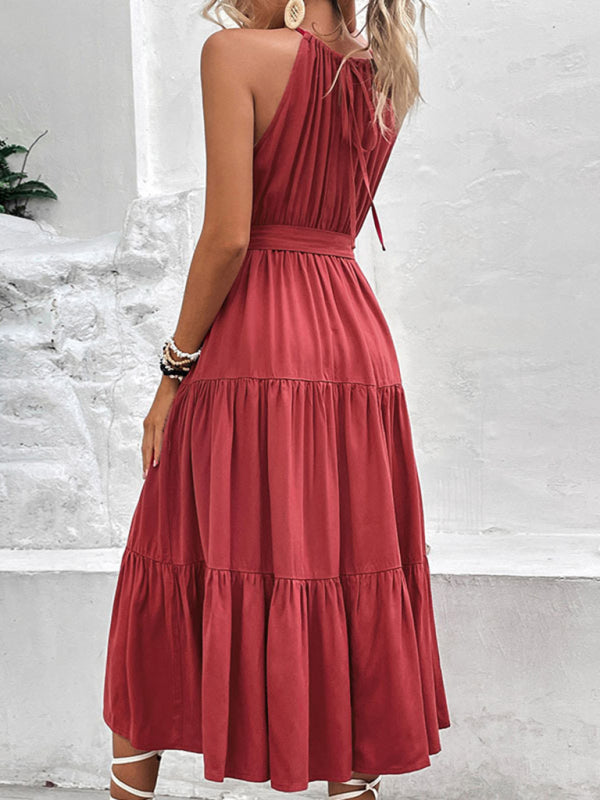 New fashionable womens halterneck solid color mid-length dress - Free Shipping - aurelia-clothing-8955