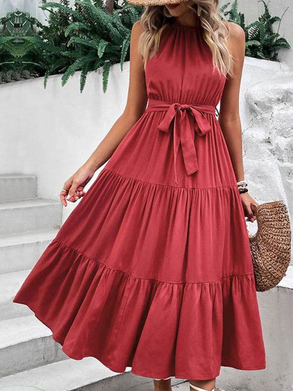 New fashionable womens halterneck solid color mid-length dress - Free Shipping - aurelia-clothing-8955