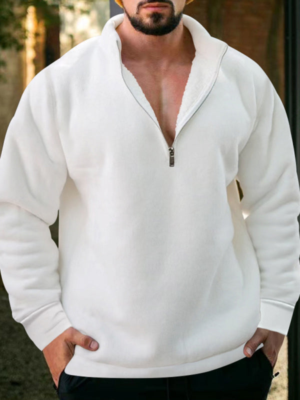 New mens fleece stand collar loose casual half zipper solid color hoodie - Free Shipping - aurelia-clothing-8955