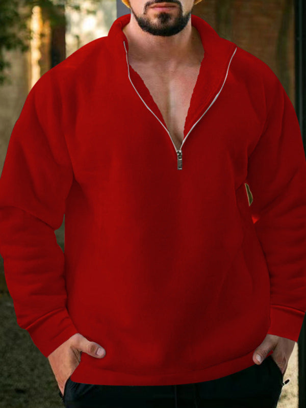 New mens fleece stand collar loose casual half zipper solid color hoodie - Free Shipping - aurelia-clothing-8955