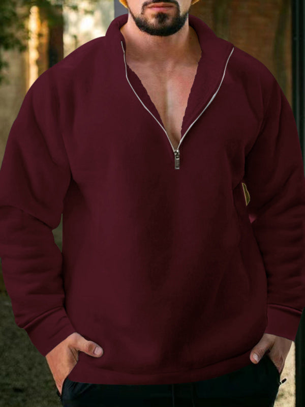 New mens fleece stand collar loose casual half zipper solid color hoodie - Free Shipping - aurelia-clothing-8955