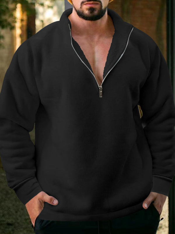 New mens fleece stand collar loose casual half zipper solid color hoodie - Free Shipping - aurelia-clothing-8955