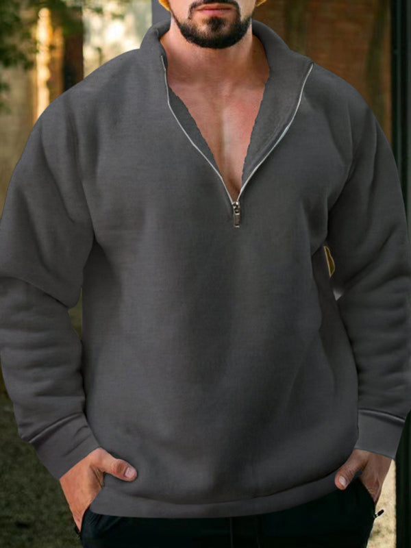 New mens fleece stand collar loose casual half zipper solid color hoodie - Free Shipping - aurelia-clothing-8955