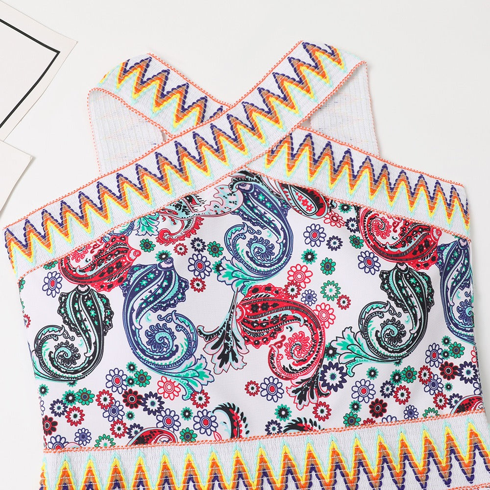 New one-piece swimsuit knitted waistband printed hanging neck one-piece swimsuit - Free Shipping - aurelia-clothing-8955
