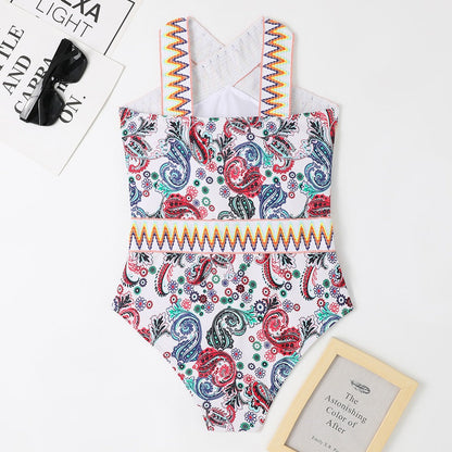 New one-piece swimsuit knitted waistband printed hanging neck one-piece swimsuit - Free Shipping - aurelia-clothing-8955