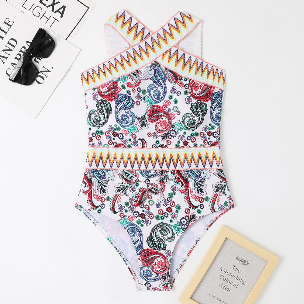 New one-piece swimsuit knitted waistband printed hanging neck one-piece swimsuit - Free Shipping - aurelia-clothing-8955