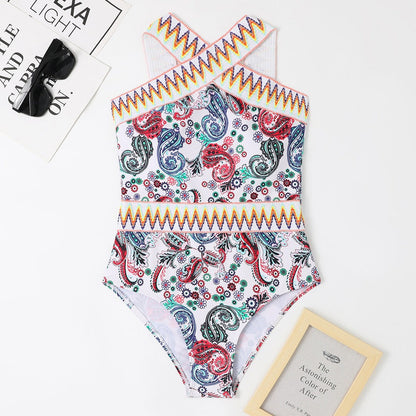 New one-piece swimsuit knitted waistband printed hanging neck one-piece swimsuit - Free Shipping - aurelia-clothing-8955
