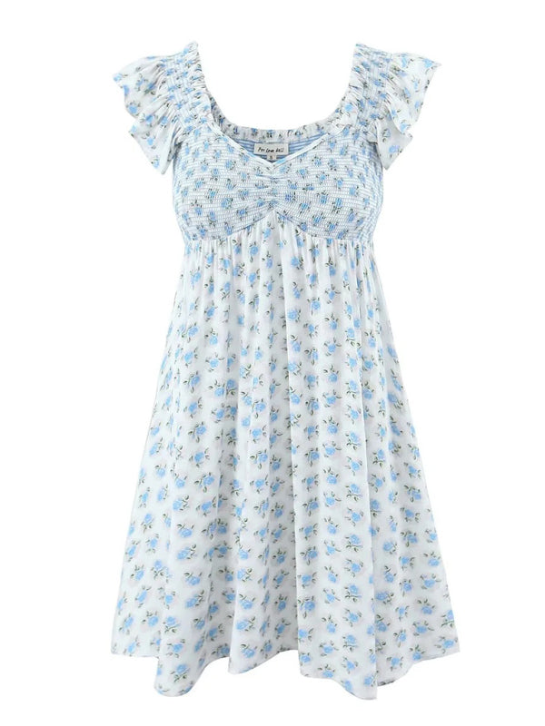 New style flying sleeve elastic pleated V-neck blue floral dress - Free Shipping - aurelia-clothing-8955