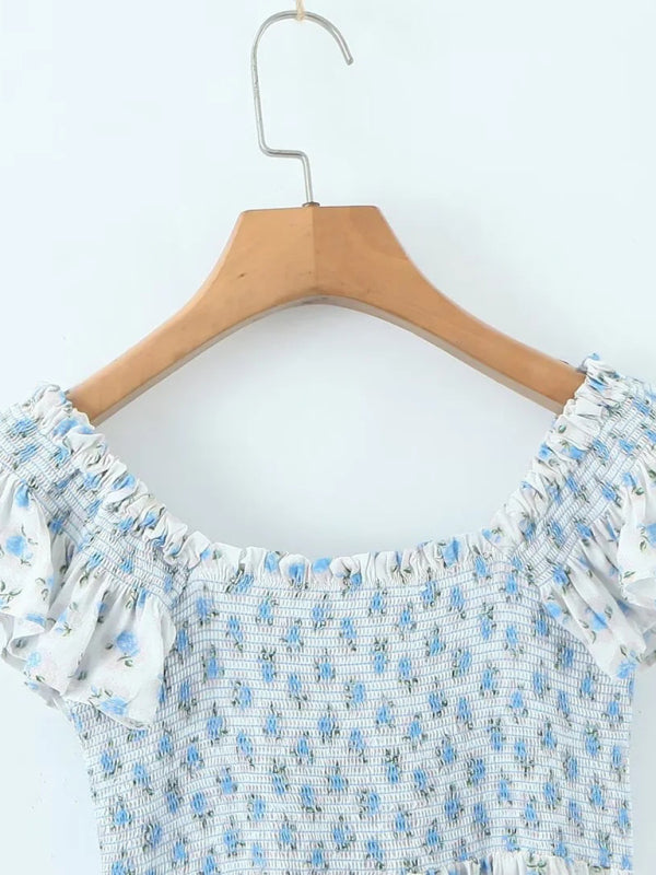 New style flying sleeve elastic pleated V-neck blue floral dress - Free Shipping - aurelia-clothing-8955