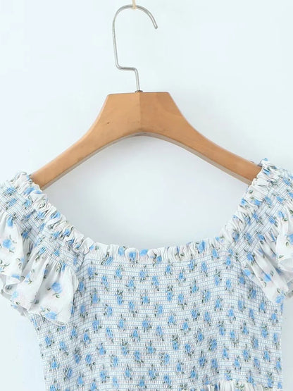 New style flying sleeve elastic pleated V-neck blue floral dress - Free Shipping - aurelia-clothing-8955