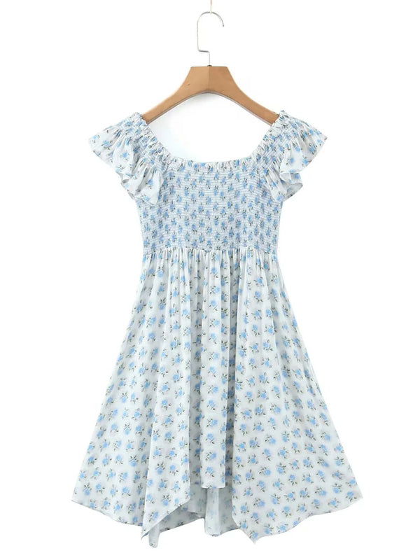 New style flying sleeve elastic pleated V-neck blue floral dress - Free Shipping - aurelia-clothing-8955