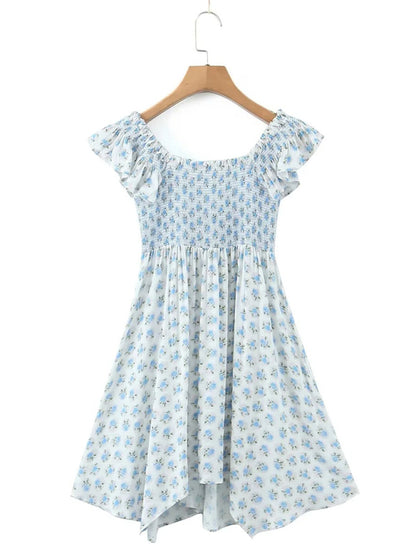 New style flying sleeve elastic pleated V-neck blue floral dress - Free Shipping - aurelia-clothing-8955