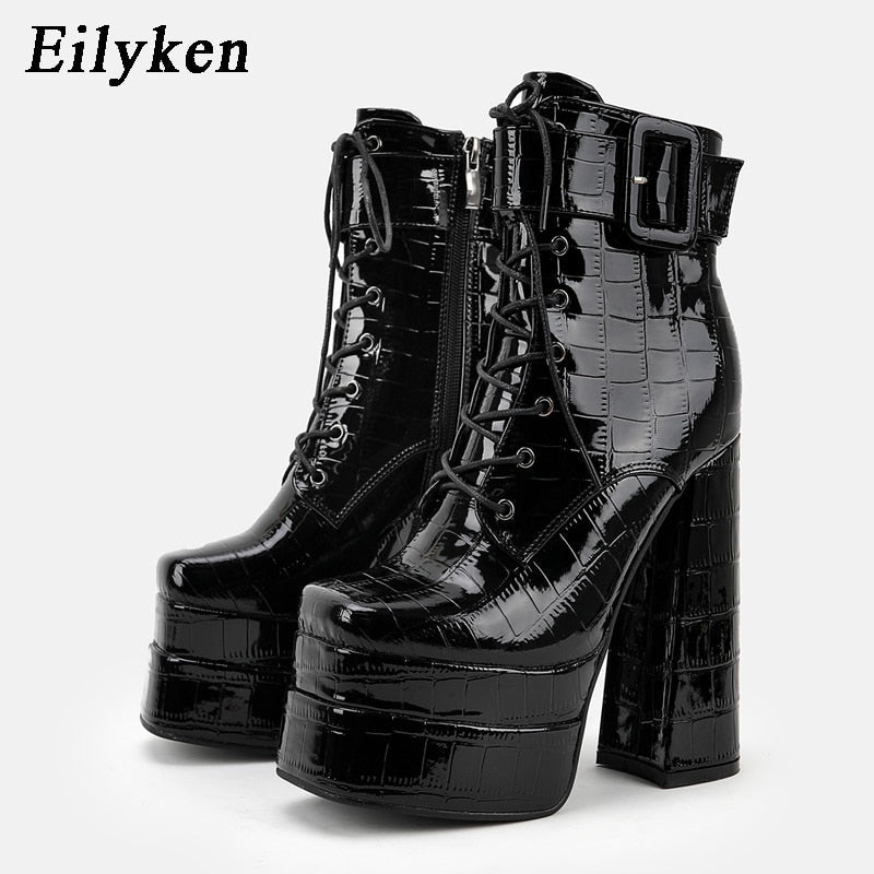 New super high heel square head large womens leather boots with strap and thick heel short boots double waterproof platform boots - Free Shipping - aurelia-clothing-8955