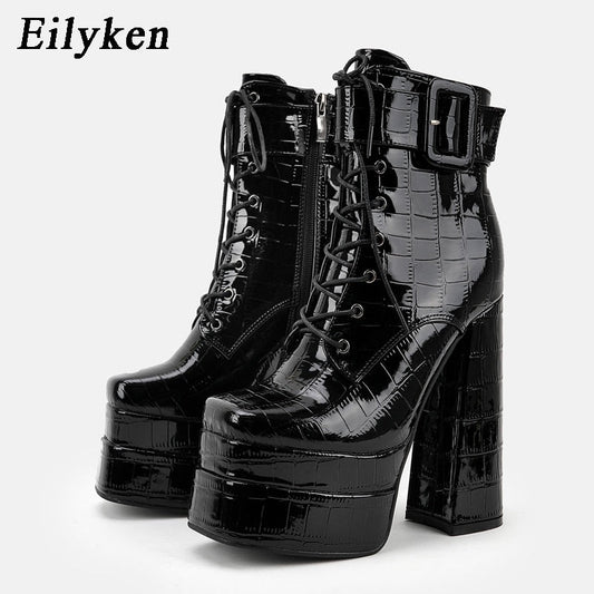 New super high heel square head large womens leather boots with strap and thick heel short boots double waterproof platform boots - Free Shipping - aurelia-clothing-8955