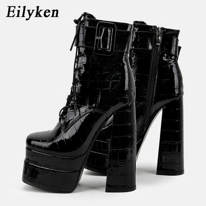 New super high heel square head large womens leather boots with strap and thick heel short boots double waterproof platform boots - Free Shipping - aurelia-clothing-8955