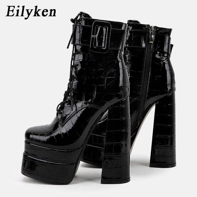 New super high heel square head large womens leather boots with strap and thick heel short boots double waterproof platform boots - Free Shipping - aurelia-clothing-8955