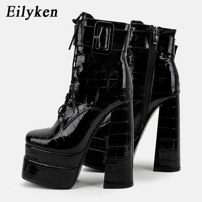 New super high heel square head large womens leather boots with strap and thick heel short boots double waterproof platform boots - Free Shipping - aurelia-clothing-8955