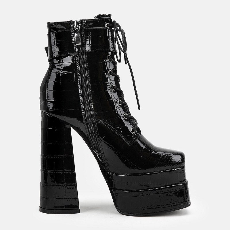 New super high heel square head large womens leather boots with strap and thick heel short boots double waterproof platform boots - Free Shipping - aurelia-clothing-8955