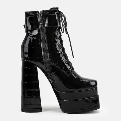 New super high heel square head large womens leather boots with strap and thick heel short boots double waterproof platform boots - Free Shipping - aurelia-clothing-8955