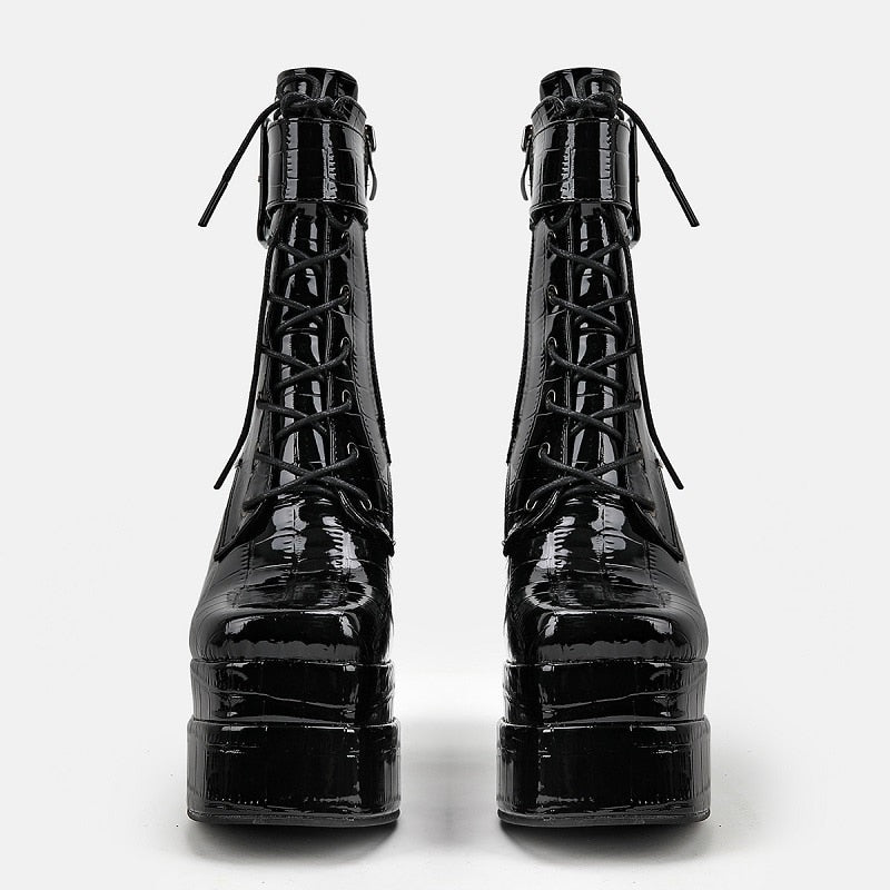 New super high heel square head large womens leather boots with strap and thick heel short boots double waterproof platform boots - Free Shipping - aurelia-clothing-8955