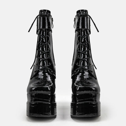 New super high heel square head large womens leather boots with strap and thick heel short boots double waterproof platform boots - Free Shipping - aurelia-clothing-8955