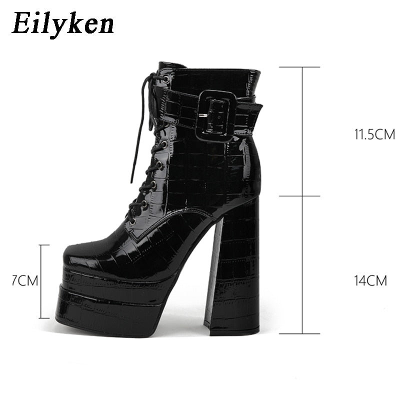 New super high heel square head large womens leather boots with strap and thick heel short boots double waterproof platform boots - Free Shipping - aurelia-clothing-8955