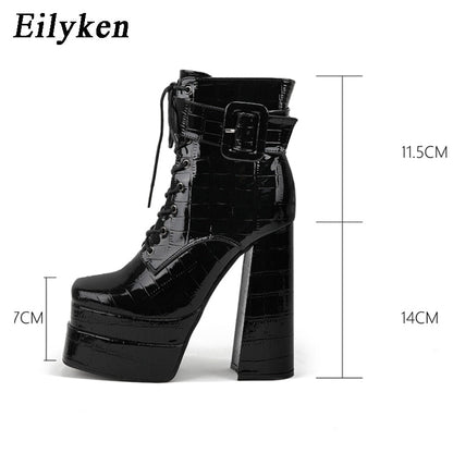 New super high heel square head large womens leather boots with strap and thick heel short boots double waterproof platform boots - Free Shipping - aurelia-clothing-8955