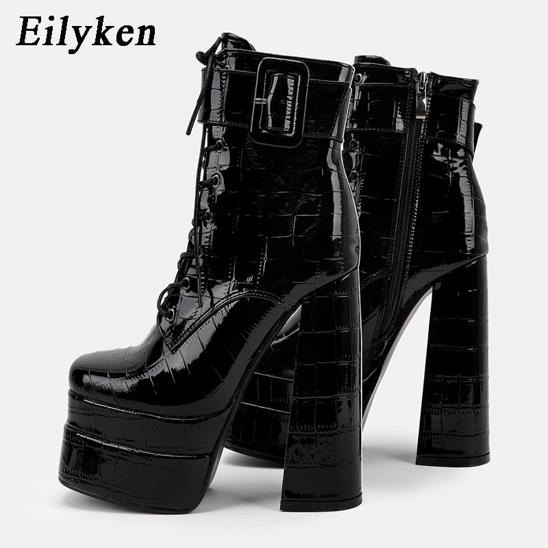 New super high heel square head large womens leather boots with strap and thick heel short boots double waterproof platform boots - Free Shipping - aurelia-clothing-8955