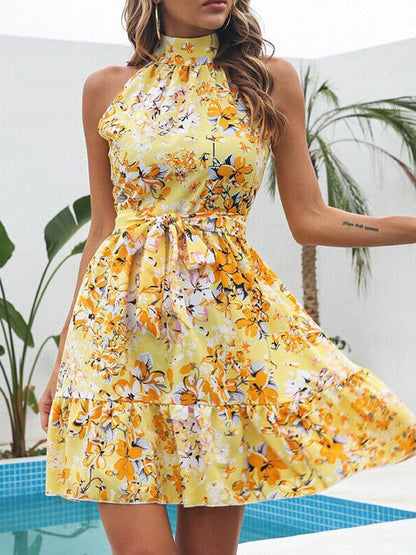 New temperament lace up ruffle edge large hem floral dress for women-Free Shipping - aurelia-clothing-8955