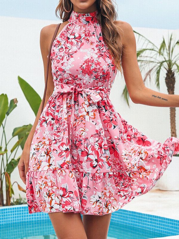 New temperament lace up ruffle edge large hem floral dress for women-Free Shipping - aurelia-clothing-8955