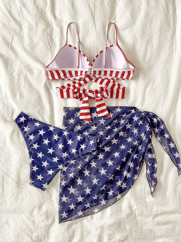 New womens bikini flag print stars and stripes three-piece swimsuit - Free Shipping - aurelia-clothing-8955