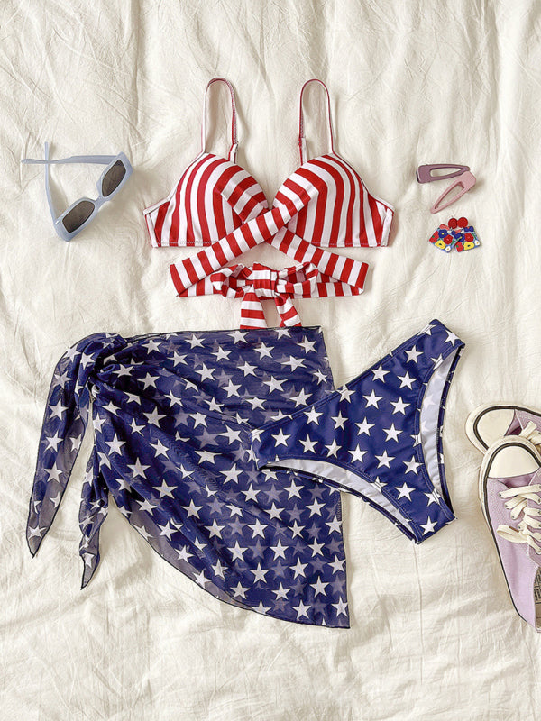New womens bikini flag print stars and stripes three-piece swimsuit - Free Shipping - aurelia-clothing-8955