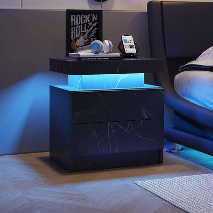Nightstand LED Bedside Table Cabinet Lights Modern End Side with 2 Drawers for Bedroom (Black Gold) - Free Shipping - aurelia-clothing-8955