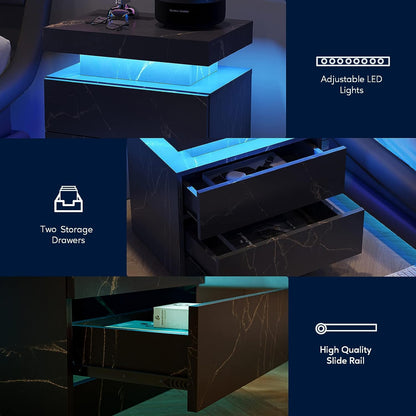 Nightstand LED Bedside Table Cabinet Lights Modern End Side with 2 Drawers for Bedroom (Black Gold) - Free Shipping - aurelia-clothing-8955